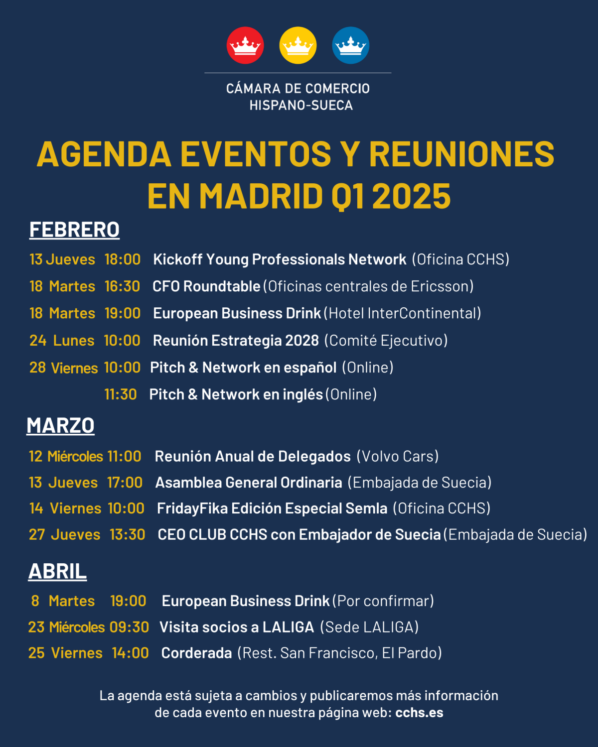 Program för evenemang och möten i Madrid Q1 2025