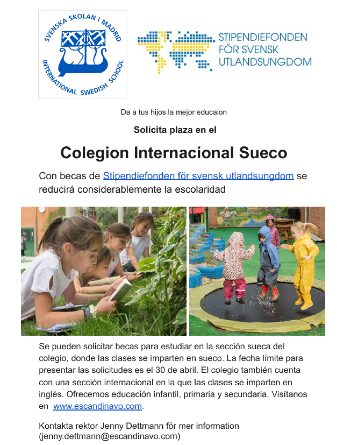 Becas disponibles para la secci&oacute;n sueca del Colegio Internacional Sueco en Madrid