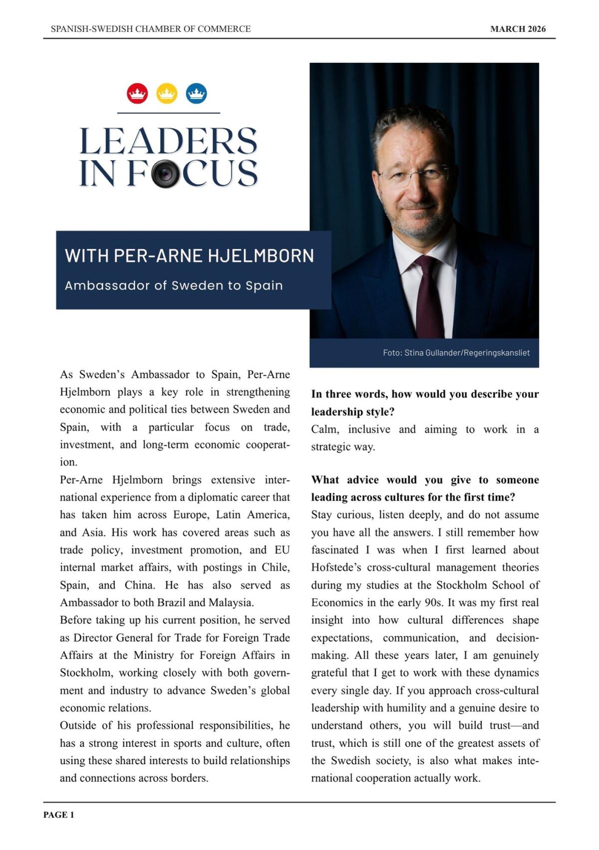 New Leaders in Focus interview: Per-Arne Hjelmborn, Ambassador of Sweden to Spain