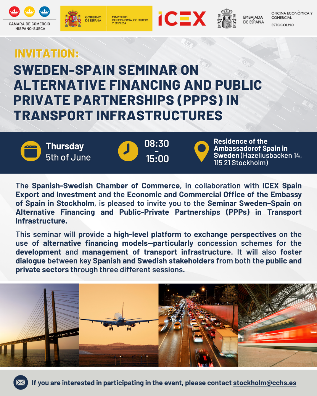 Invitation: Seminar on Alternative Financing and Public-Private Partnerships (PPPs) in Transport Infrastructure – A Swedish-Spanish Perspective in Stockholm 