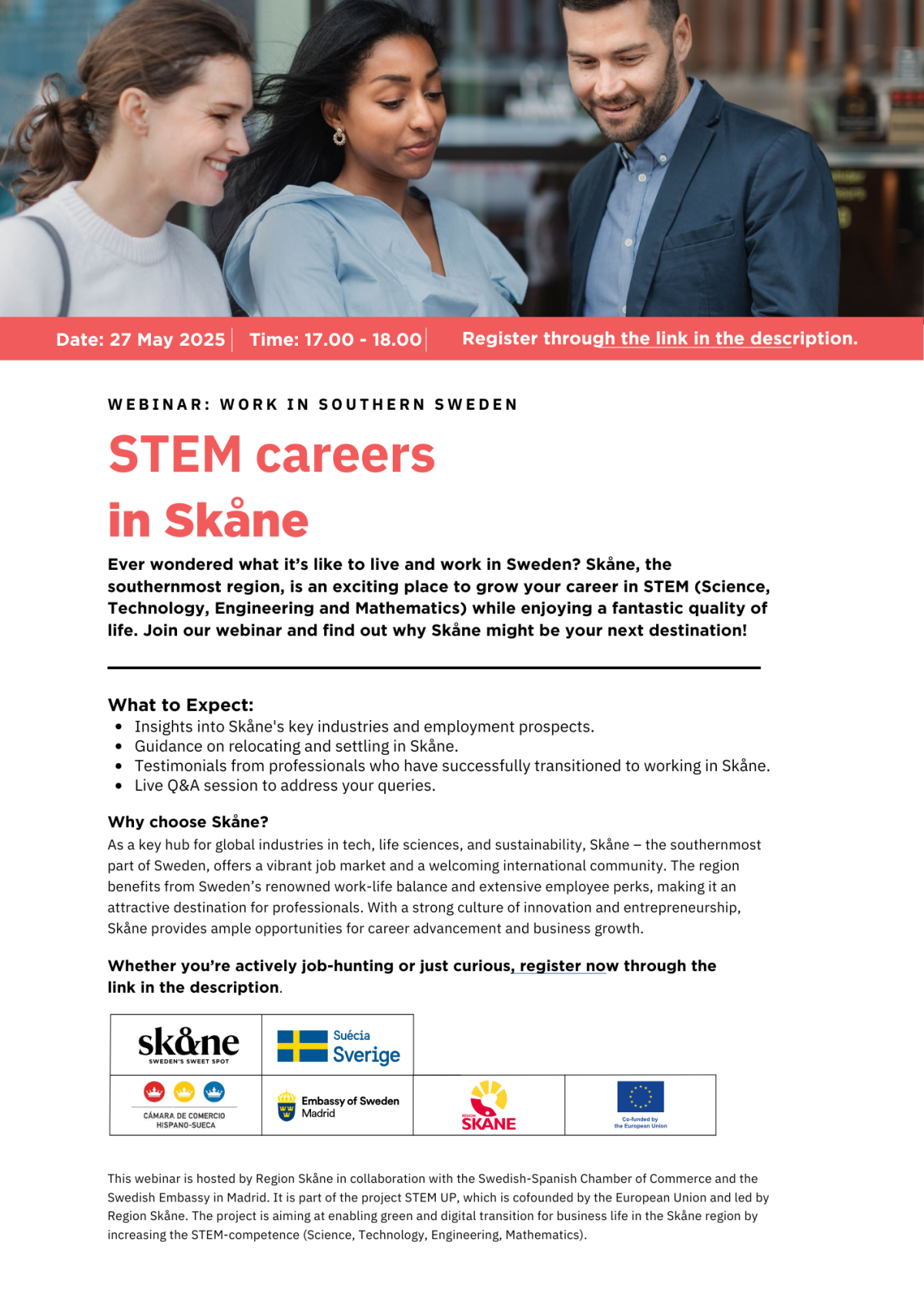 Invitación: Seminario Online: WORK IN SOUTHERN SWEDEN - STEM careers in Skåne