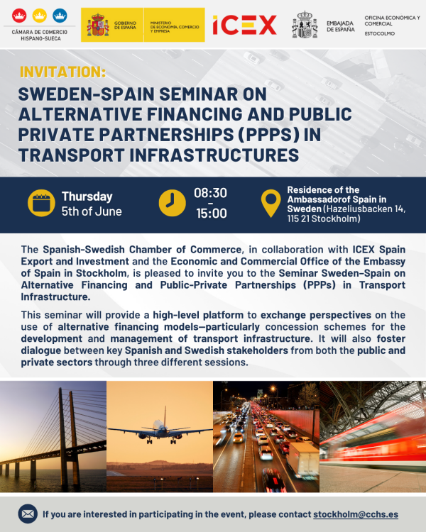 Invitation: Seminar on Alternative Financing and Public-Private Partnerships (PPPs) in Transport Infrastructure – A Swedish-Spanish Perspective in Stockholm 